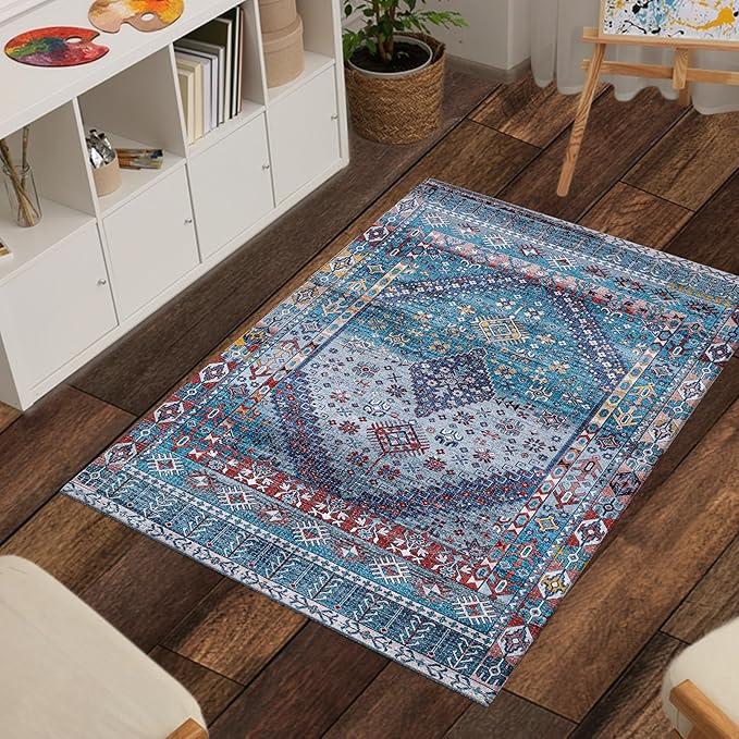 Washable Soft Small Boho Area Rugs, Rags Rug, Printed Carpet Chennile Rugs for Living Room 27x45 inch Teal Blue Multi,Machine Washable Printed Rugs - 30% Cotton, 70% Polyester