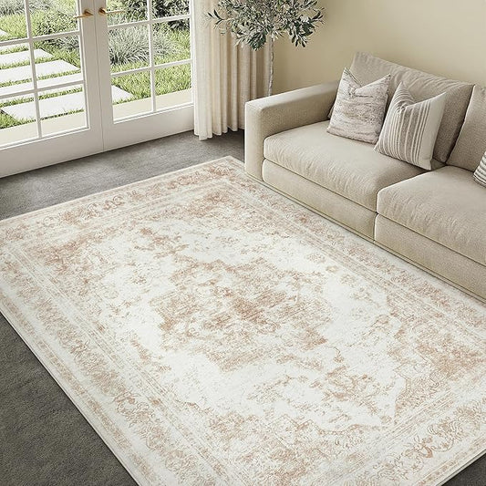 Washable Rug 6x9 Area Rug for Living Room Beige Vintage Boho Medallion Large Distressed Retro Carpet Non Slip Indoor Low Pile Small Soft Bedroom Dining Room Home Office