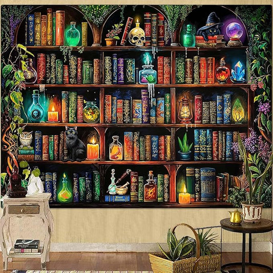 Lunerfex Witch Bookshelf Library Tapestry Wall Decor Tapestry for Bedroom Art Tapestries Wall Hanging for Bedroom Living Room Bookshelf06 44"x60"