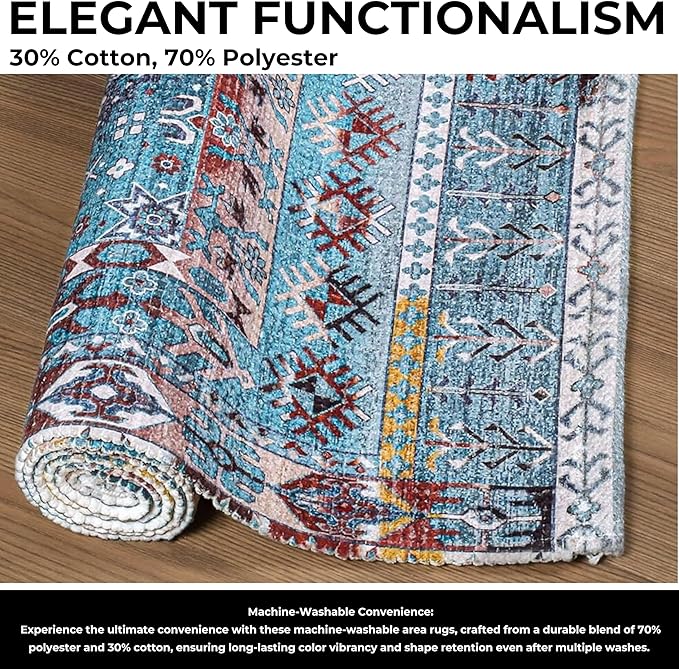 Washable Soft Small Boho Area Rugs, Rags Rug, Printed Carpet Chennile Rugs for Living Room 27x45 inch Teal Blue Multi,Machine Washable Printed Rugs - 30% Cotton, 70% Polyester