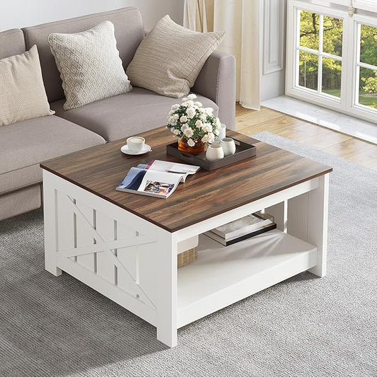 YITAHOME Coffee Table Farmhouse Coffee Table with Storage Rustic Wood Cocktail Table, Square Coffee Tables for Living Meeting Room with Half Open Storage Compartment, Brown with White
