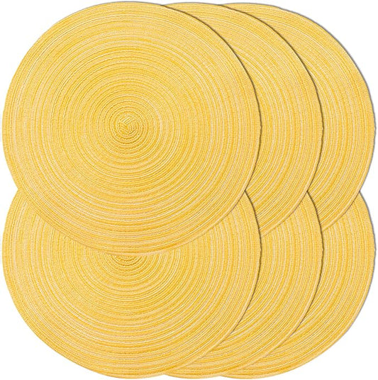 Noctiflorous Round Braided Placemats 15 Inch Round Table Mats Set of 6 for Dining Tables Natural Woven Heat Resistant Place Mats (Round Yellow)