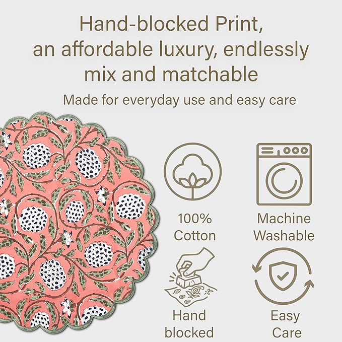 Ridhi Dark Salmon Bo-ho Round Place Mat Double Layer Floral Cotton Washable Placemats 15" Round Embroidery Block Print Table Mat (Pack of 4-15 Inch Round)