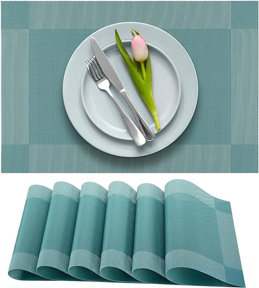 More Décor Dining Table Placemats, Washable Heat-Resistant PVC Vinyl Table Mats for Dining Room and Kitchen, Anti-Slip - Set of 6 -Sky Blue