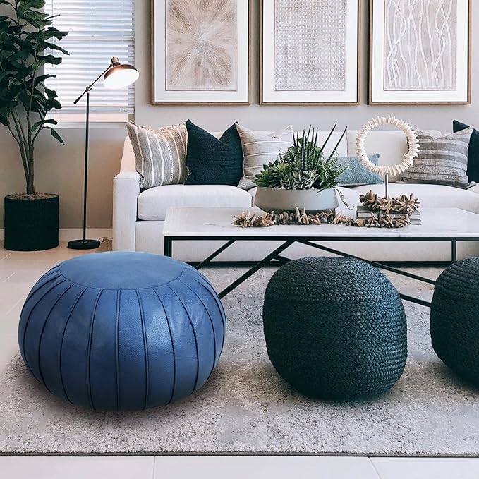 Thgonwid Handmade Storage Pouf Ottoman Foot Stool - Faux Suede Round Floor Cushion 21.6"x13" for Living Room, Bedroom, Wedding Decor, Unstuffed (Deep Blue)