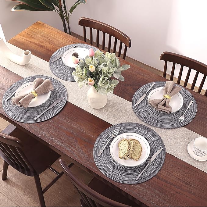 SHACOS Round Placemats Set of 4 Round Braided Placemats 15 inch Cotton Polyester Woven Table Placemats for Dining Table Holiday Party (Black Grey, 4)