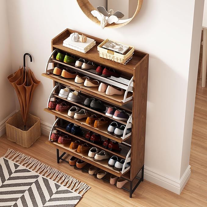 AVZEAR Narrow Shoes Cabinet with 3 Flip Drawers, Free Standing Shoe Racks Organizer Farmhouse Tipping Bucket with Blackboard, Entryway Hallway Storage, Walnut