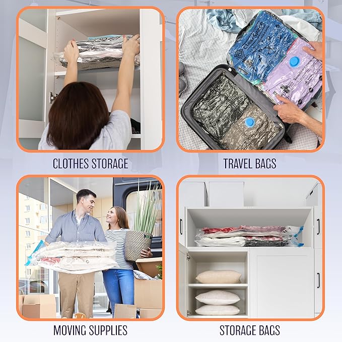 Vacuum Seal Bags for Clothing Travel, 10 Jumbo - Space Saver Vacuum Storage Bags, Blanket & Clothes Storage Bags Vacuum Sealed – Hand Pump Included, Bolsas Para Guardar Ropa Al Vacío