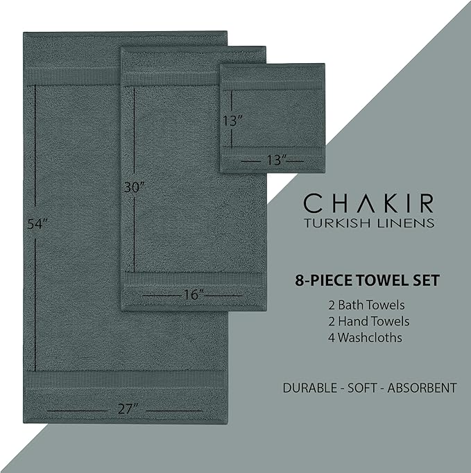 Chakir Turkish Linens | Hotel & Spa Quality 100% Cotton Premium Turkish Towels | Soft & Absorbent (8-Piece Towel Sets, Dark Gray)