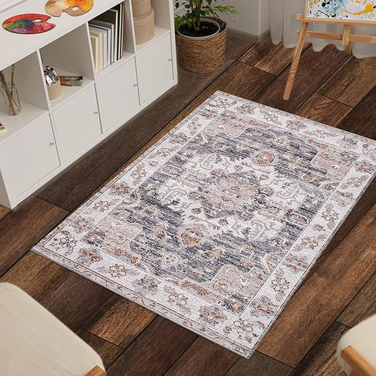 Washable Soft Small Boho Area Rugs, Rags Rug, Printed Carpet Chennile Rugs for Living Room 27x45 inch Dk Grey Rust Multi,Machine Washable Printed Rugs - 30% Cotton, 70% Polyester