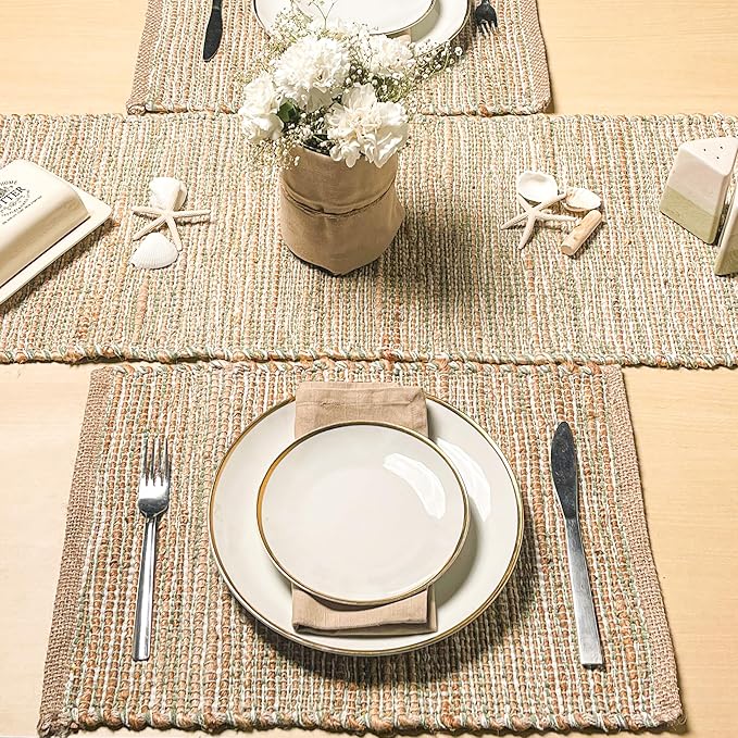 Chardin home | Natural Jute Placemats Set of 4 | 13x19 Inch. Rustic Farmhouse Place mats | Table mats Colors - Natural Jute and Sage Green