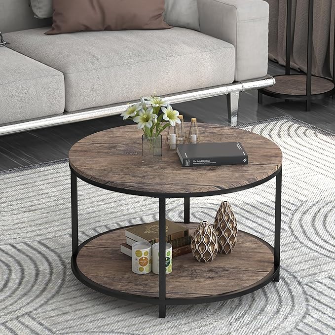 NSdirect Round Coffee Table, 25.6" Small Wood Coffee Table for Living Room, Rustic Modern Farmhouse Style, 2-Tier Storage Shelf Compact Space-Saving Design for Small Spaces, Walnut