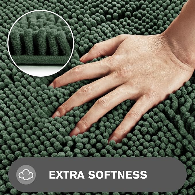 Dark Green Bathroom Rugs Sets 2 Piece – Absorbent and Washable Bath Mat, Non-Slip, Thick Soft Chenille Bath Rugs for Bathroom Floor, Shower, Sink - 20" x 32"+24" x 36"