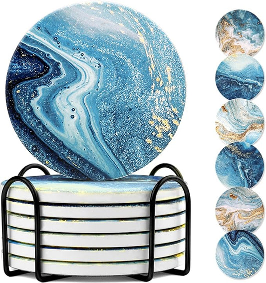 Drink Coasters with Holder, Ceramic Drink Coaster Sets of 6, Marble Blue Ocean Style Absorbent Ceramic Coasters with Cork Base for Home Decor, Kitchen, Gift, Bar, Coffee Table(4 Inches)