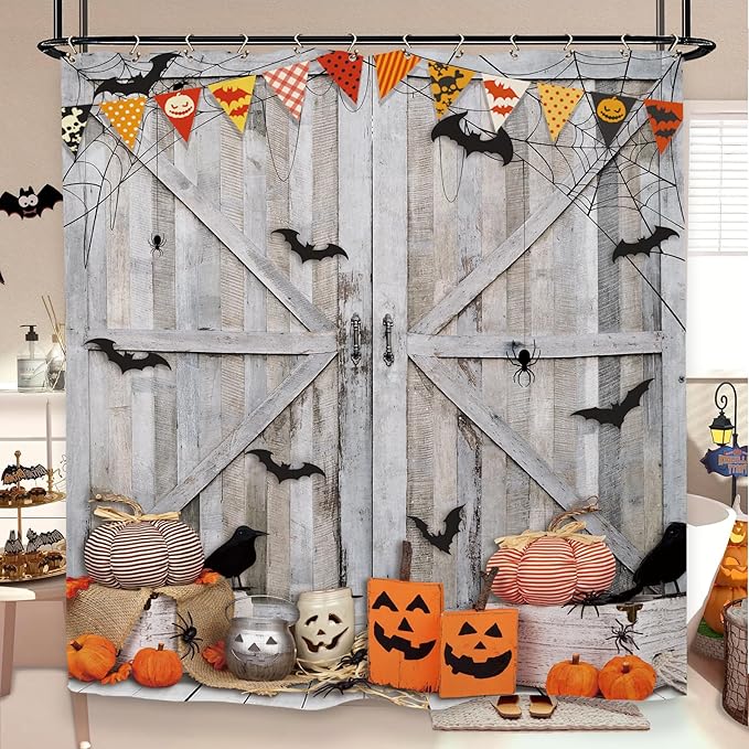 Halloween Pumpkin Bat Shower Curtain 60Wx72L Inch Horror Spooky Scary Barn Door Farmhouse Rustic Wood Wooden Holiday Bathroom Set Accessories Decor with 12 Pack Hooks