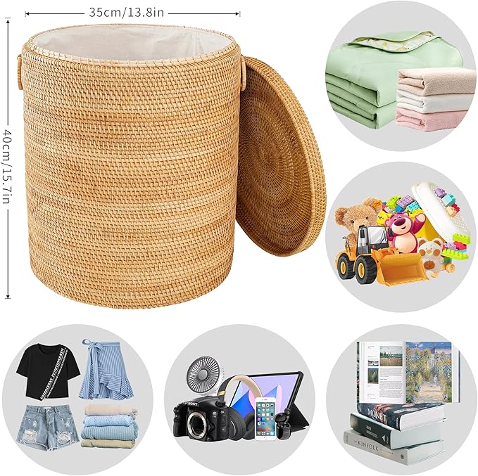 Rattan Laundry Hamper With Lid, Round Wicker Large Hampers For Laundry With Liner Bag and Handles for Organizing Clothes Kids Toys Books (13.8" L×13.8"W×15.7"H）