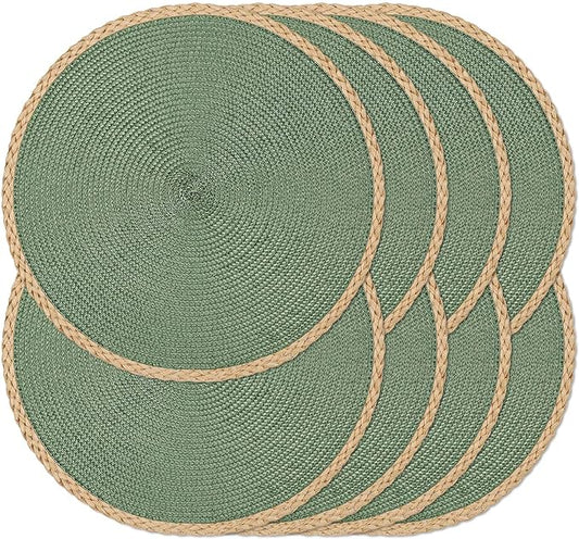 Noctiflorous Round Braided Placemats Set of 8 Table Mats 15 Inches Washable Heat Resistant for Dining Table Non-Slip Indoor Outdoor Place Mats for Thanksgiving Christmas Easter(Green Thin Edge 8)