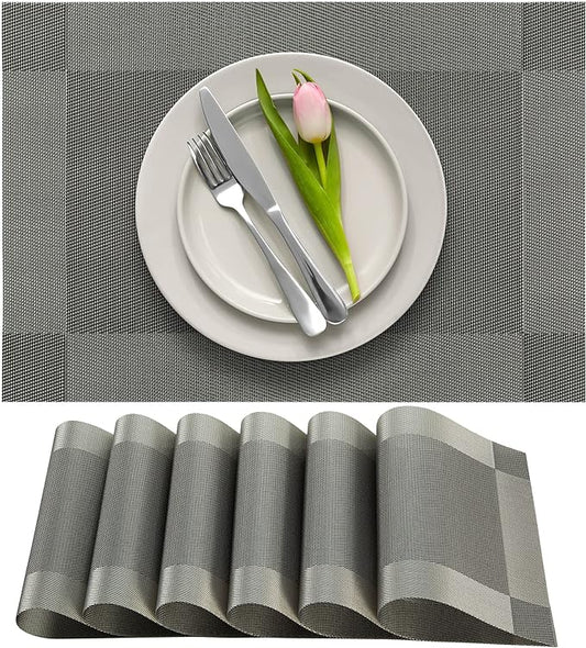 More Décor Dining Table Placemats, Washable Heat-Resistant PVC Vinyl Table Mats for Dining Room and Kitchen, Anti-Slip - Set of 4 - Grey