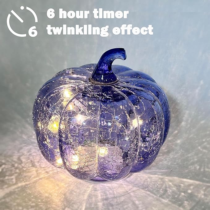Indigo Blue Crackle Glass Pumpkin Twinkling Light with Timer- Fall Decoration for Home-Lamps for Festive Decoration-Halloween Decorations