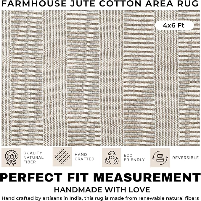 Bedding Craft Jute Cotton Stripe Area Rug for Living Room 48x72 Inch - Natural Ivory - Machine Washable 4x6 Feet Rugs - 70% Jute and 30% Cotton