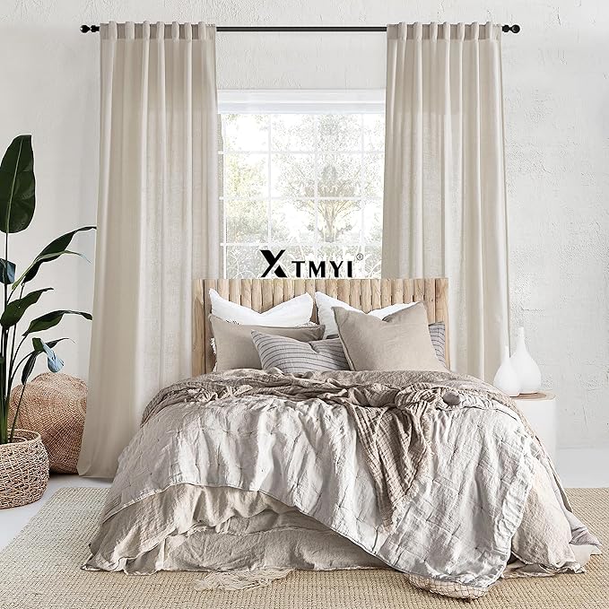 XTMYI Country Curtains for Living Room,Sheer Linen Shabby Chic Curtains for Bedroom 70 Inches Wide 84 Inches Long Oatmeal