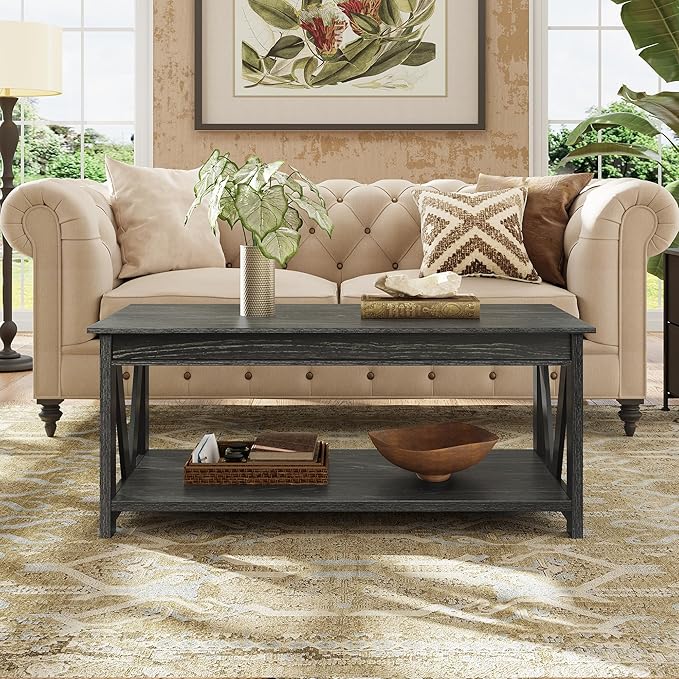 WLIVE Coffee Table, 43" Farmhouse Coffee Table with Storage Shelf & Sturdy V-Shaped Support, Wood Center Table for Living Room, Bedroom, Office and Balcony, Black