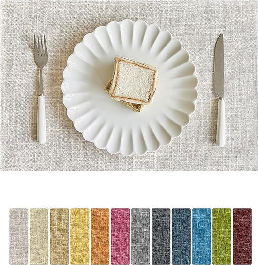 Softalker Faux Linen Placemats Set of 4-12 x 18 Inch, Heat Resistant Double Layered Durable Burlap Farmhouse Place Mats, Non-Slip Washable Rustic Table Mats for Dining, Kitchen, Party（Cream