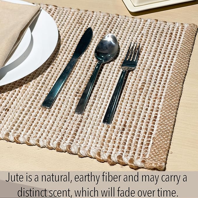 Chardin home | Natural Jute Placemats Set of 4 | 13x19 Inch. Rustic Farmhouse Place mats | Table mats Colors - Natural Jute and Ivory
