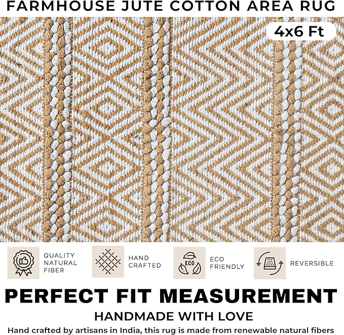 Jute Cotton Stripe Area Rug for Living Room 48x72 Inch - Natural Ivory - Machine Washable 4x6 Feet Rugs - 70% Jute and 30% Cotton