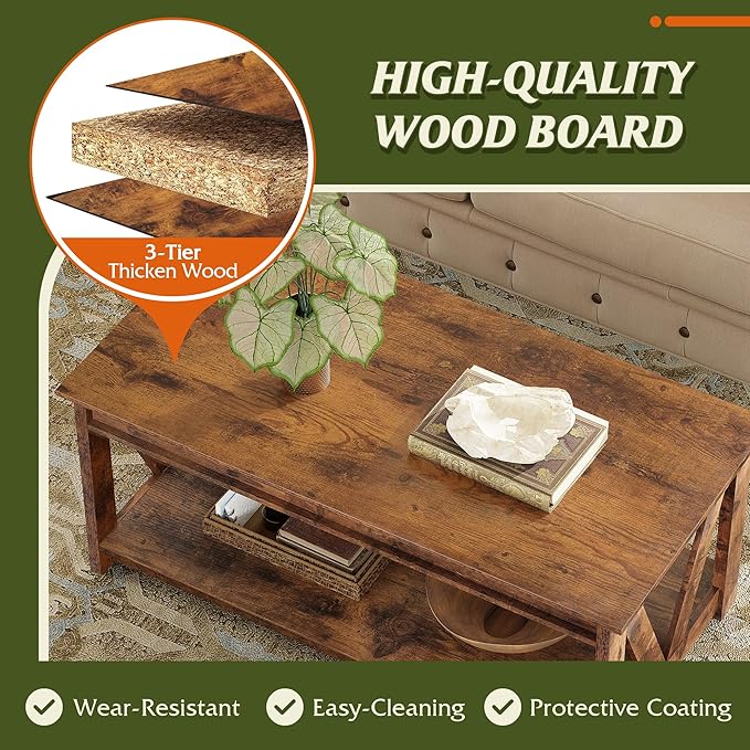 WLIVE Coffee Table, 43" Farmhouse Coffee Table with Storage Shelf & Sturdy V-Shaped Support, Wood Center Table for Living Room, Bedroom, Office and Balcony, Rustic Brown