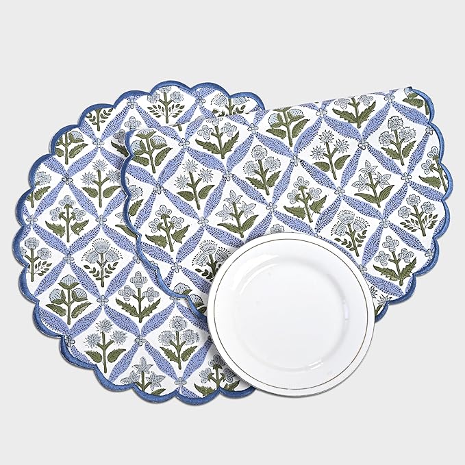 Ridhi Light Steel Blue Bo-ho Round Place Mat Easter Floral Cotton Washable Placemats 15" Round Embroidery Block Print Table Mat Pack of 8-15 Inch Round