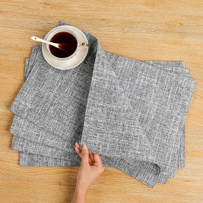 SHACOS Fabric Placemats Set of 4 Washable Heat Resistant Double Layer Thick Table Mats Non Slip Cloth Place Mats Indoor Outdoor, Light Grey White