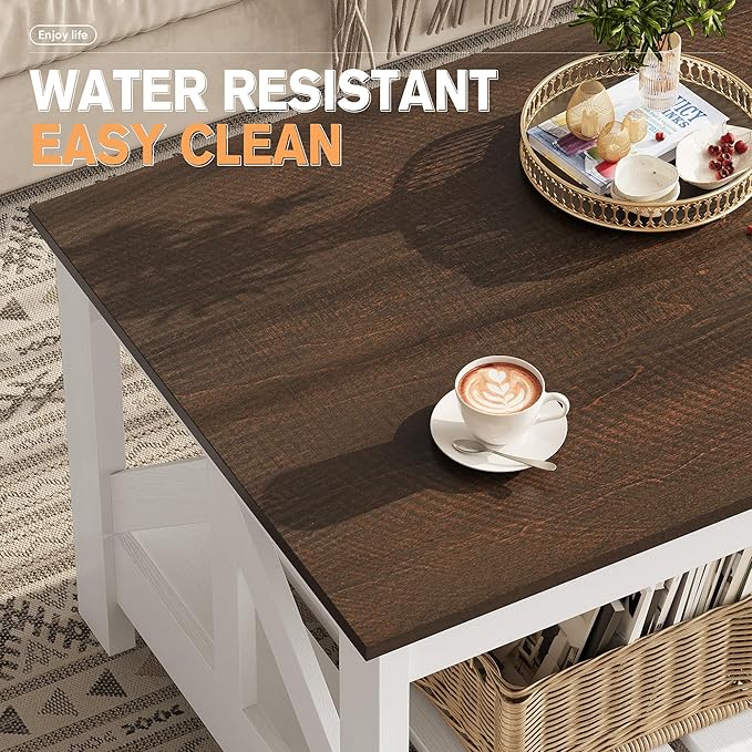 YESHOMY 39" Farmhouse Coffee Table, Coffee Tables for Living Room, Farmhouse Square Coffee Table with Storage, Couch Table, Small Tables for Small Spaces, Brown and White