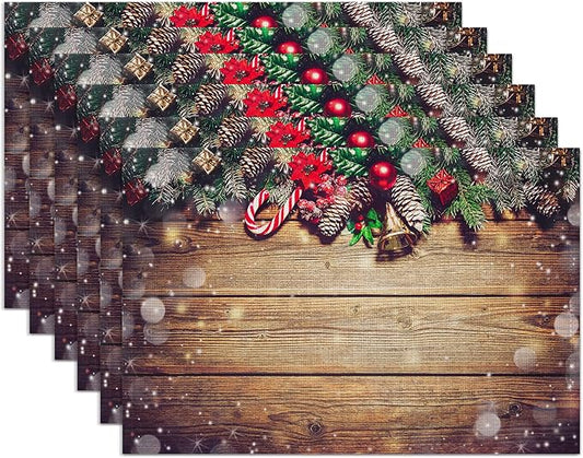Christmas Placemats Set of 6,Washable Heat Resistant 12×18 Inch Linen Table Mats Wooden Place Mats for Party Outdoor Dining Décor