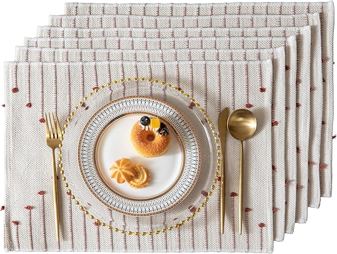 Placemats Set of 6 for Dining Table Fall Décor, Woven Cloth Place Mats for Farmhouse Kitchen Tabletop, Handcrafted Machine Washable Cotton Table mats 13 x 19 Inch, Black and Beige