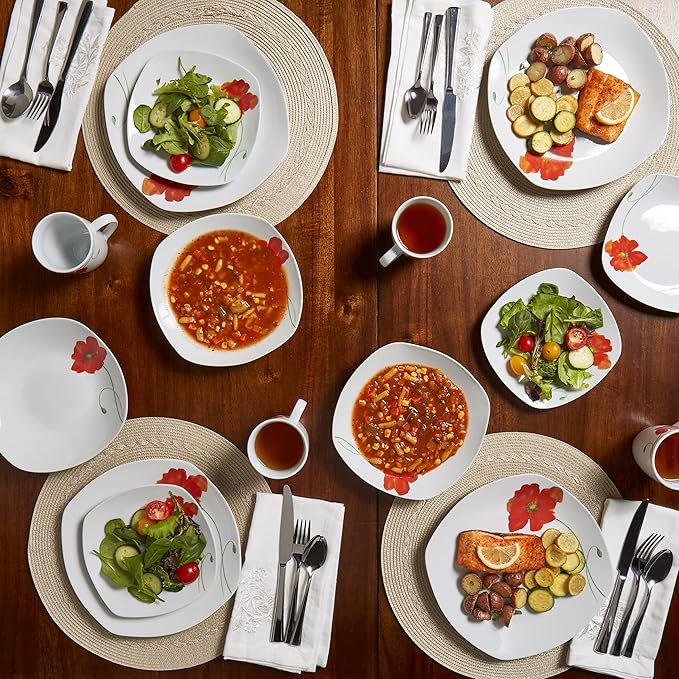 Poppy - 16 Piece Square Dinnerware Set, Service of 4