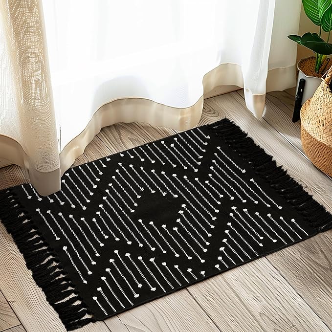 Tritard Boho Bathroom Rug 2x3 - Woven Cotton Washable Area Rugs with Tassels Small Aztec Entryway Throw Rugs Farmhouse Bath Door Mat Low Pile for Entrance, Kitchen, Front Porch, Black and White