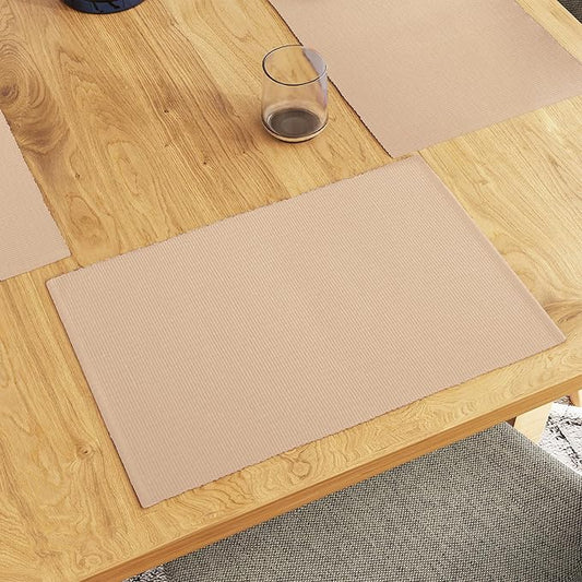 Encasa XO Dining Placemat Set of 6 | Solid Beige Color | Fine Ribbed Cotton Table mat | Size 19x13 in | Machine Washable
