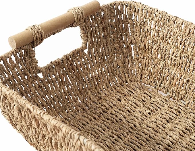 Artera Shallow Wicker Storage Basket - Medium Woven Seagrass Baskets with Wooden Handles for Bathroom, Kitchen Pantry Organizing, Perfect as Drawers, 15" x 10.6" x 5,3" (2, M)