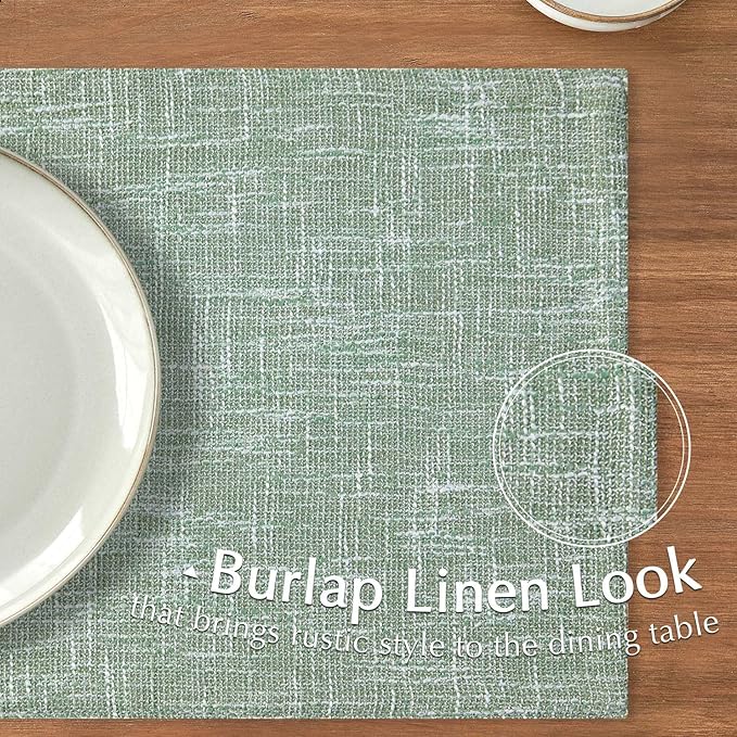 JINCHAN Burlap Textured Placemats Set of Four Farmhouse Cloth Place Mats Table Mats Sturdy Fabric Placemats for Kitchen Dining Table Double Layer Heat Resistant Tablemats 13 x 19 Inch Sage Green