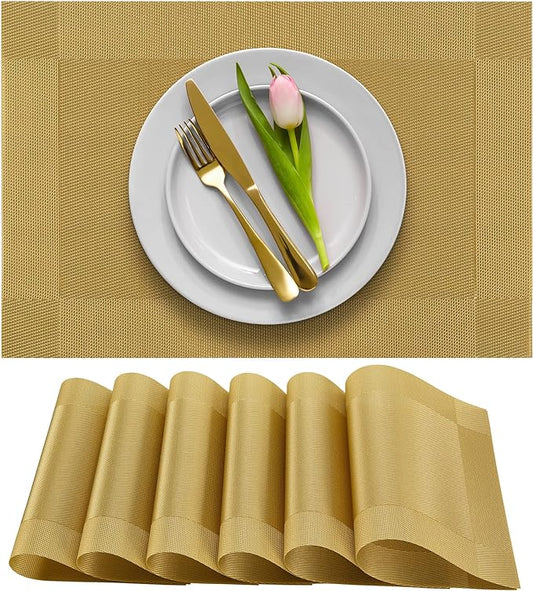 More Décor Dining Table Placemats, Washable Heat-Resistant PVC Vinyl Table Mats for Dining Room and Kitchen, Anti-Slip - Set of 4 -Gold