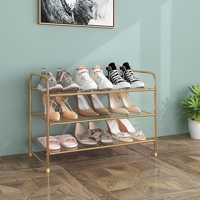 Simple Trending 3-Tier Stackable Shoe Rack, Expandable & Adjustable Shoe Shelf Storage Organizer, Metal Mesh, Gold