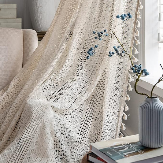 JOOJA 2 Panels Beige Lace Sheer Boho Lace Curtains with Crochet Semi Sheer Vintage Drapes for Living Room Bedroom, Farmhouse, Bohemian Style Modern (Crochet Beige, 59x96)