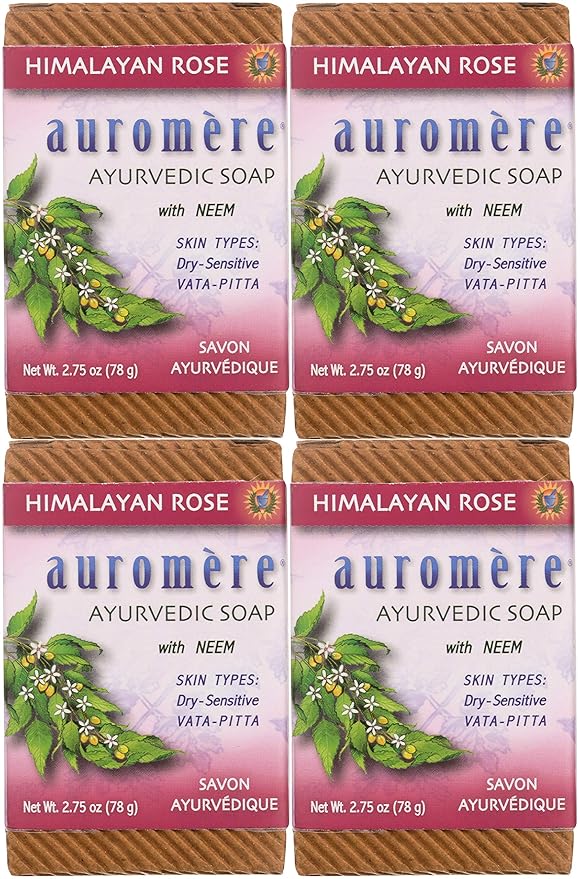 Auromere Ayurvedic Bar Soap, Himalayan Rose - Eco Friendly, Handmade, Vegan, Cruelty Free, Natural, Non GMO (2.75 oz), 4 pack