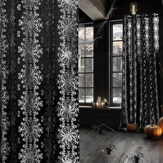 NICETOWN Semi Sheer Black Curtains with Silver Foil Spider Web, Grommet Lightweight & Airy Window Treatments for Halloween, W52 x L84, 2 Panels