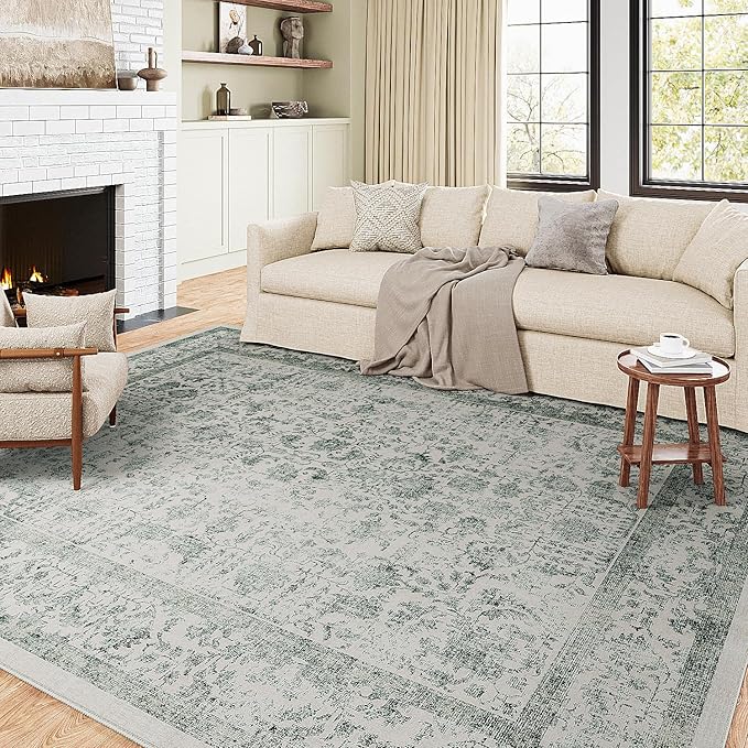 Dark Green Area Rug 4x6 Office Entryway Rug Machine Washable Kitchen Vintage Distressed Non Slip Carpet Indoor Retro Floral Accent Throw Door Mat for Bathroom Bedroom Dining Living Room