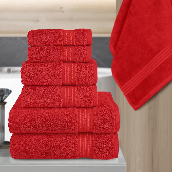 Elegant Comfort Premium Cotton 6-Piece Towel Set, Includes 2 Washcloths, 2 Hand Towels and 2 Bath Towels, 100% Turkish Cotton - Highly Absorbent and Super Soft Towels for Bathroom, Red
