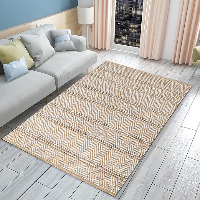 Jute Cotton Stripe Area Rug for Living Room 48x72 Inch - Natural Ivory - Machine Washable 4x6 Feet Rugs - 70% Jute and 30% Cotton