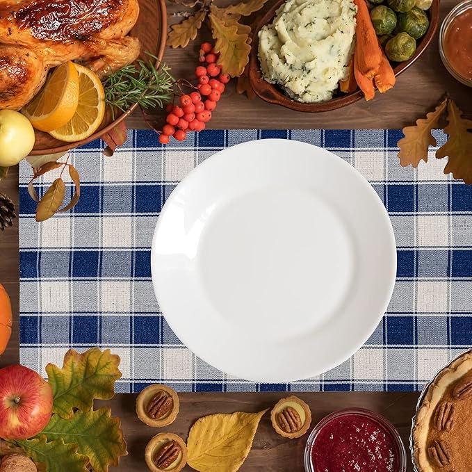 Home Brilliant Farmhouse Placemats Set of 6 Machine Washable Place Mats for Kitchen Table Mats, 13 x 19 inches, Checker Plaid, Navy Blue