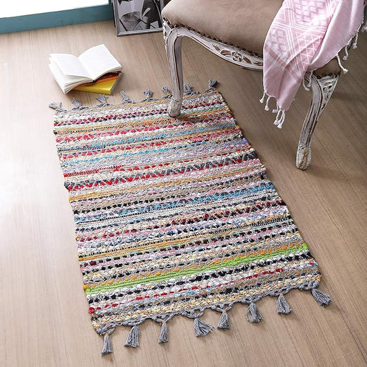 Rug Area Rugs Cotton 2x3 Ft Multicolour Chindi for Livingroom Bedroom Washable RagRug Reversible Farmhouse Kitchen RunnerRug Carpet Area Runner Mat for Hallway, Entryway